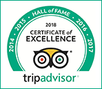 Trip Advisor Certificate of Excellence 2018 -Hall of Fame